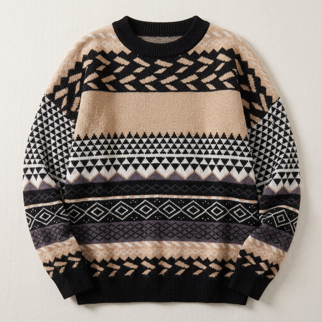 Women’s Round Neck Knit Sweater Patterned Panels