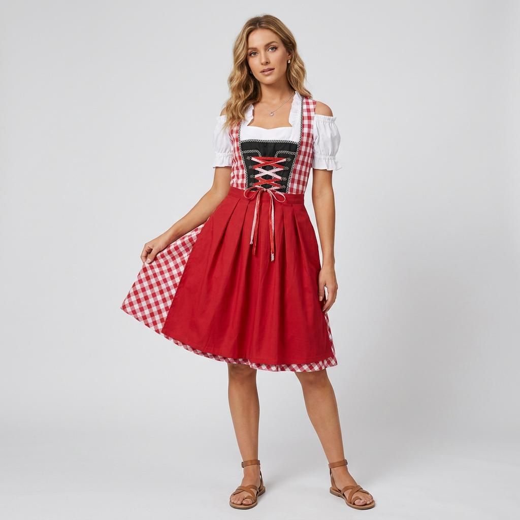 Women's Short-Sleeve Checked Dirndl Dress Set