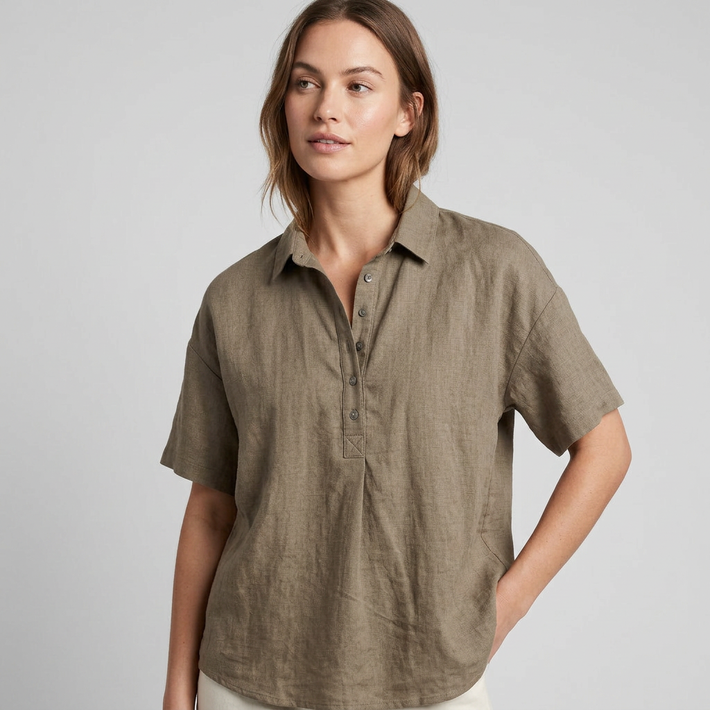 Women's Short Sleeve Collared Top with Button Placket