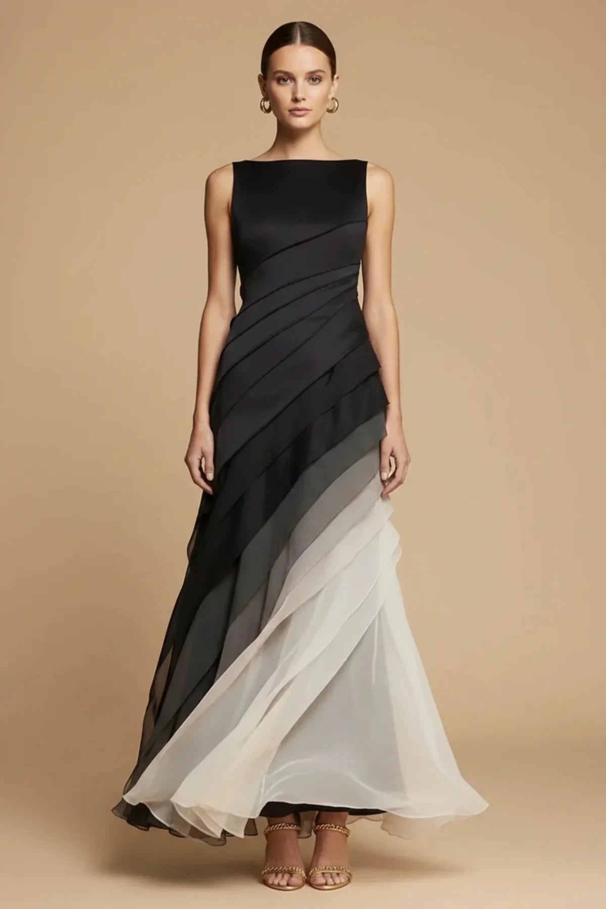 Sleeveless Maxi Dress with Boat Neck and Ombre Chiffon Skirt 0