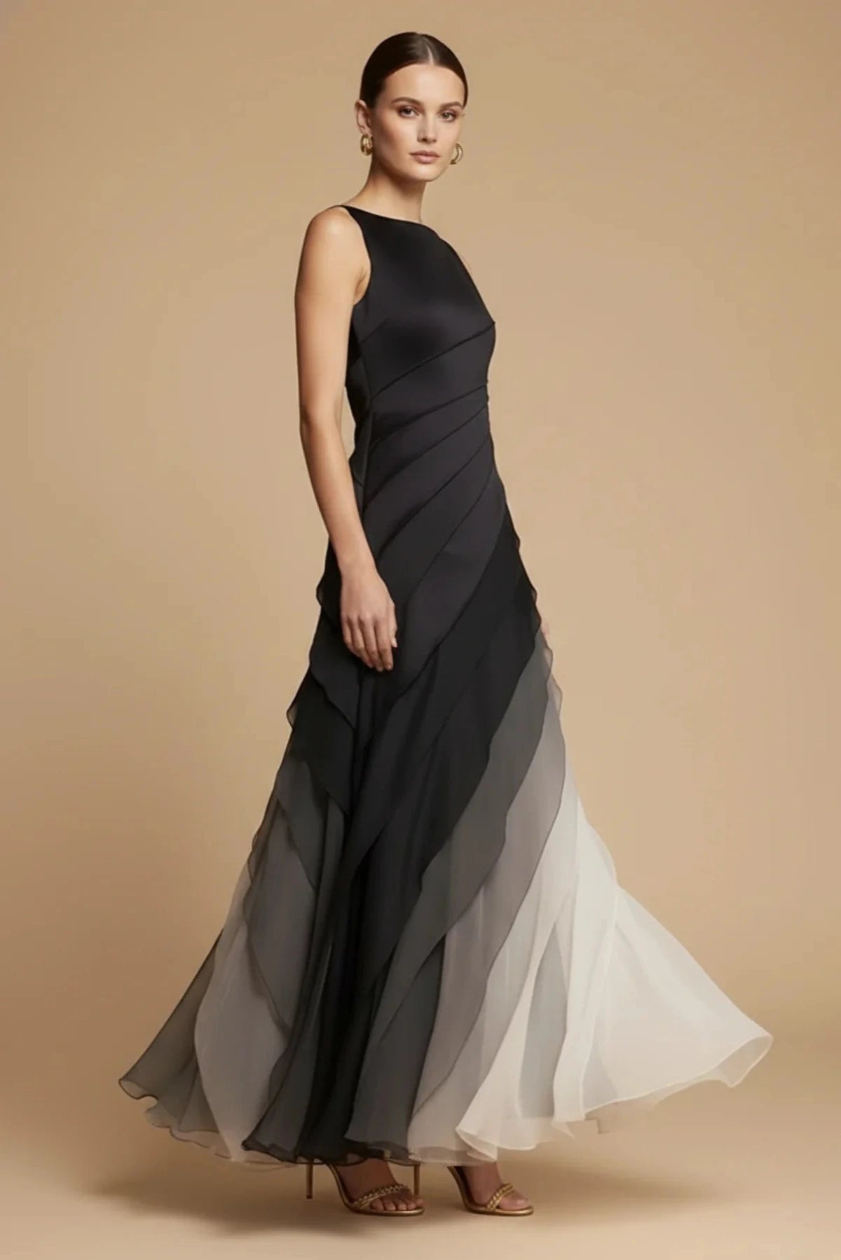 Sleeveless Maxi Dress with Boat Neck and Ombre Chiffon Skirt 1