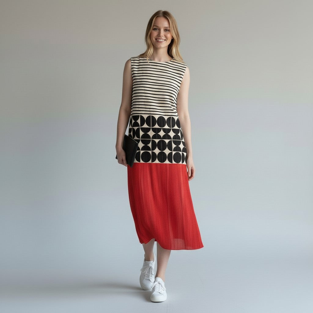 Elegant geometric dress in sunset colors for women 0