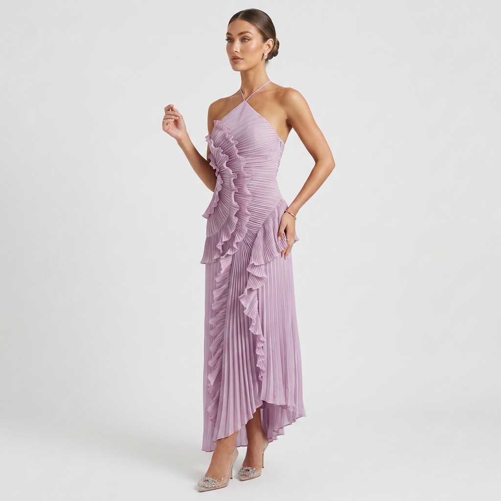 Women’s Sleeveless Pleated Dress with Tiered Ruffles