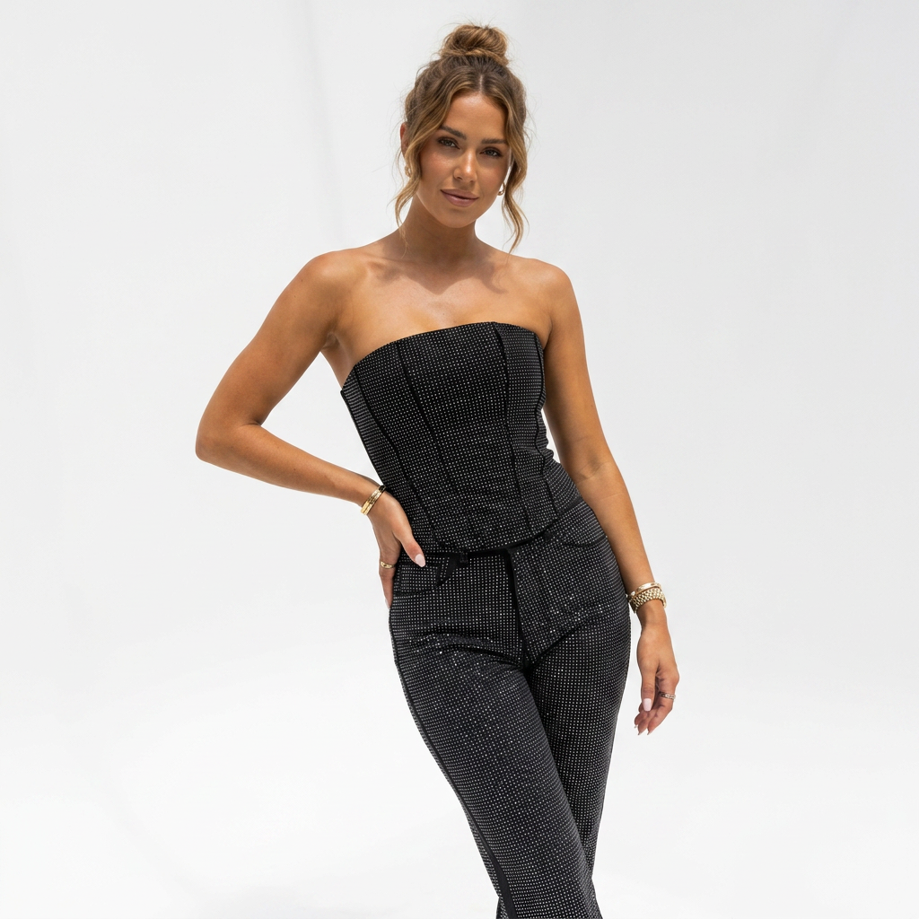 Women's Sparkle Strapless Corset Bustier and High Waist Pants Set
