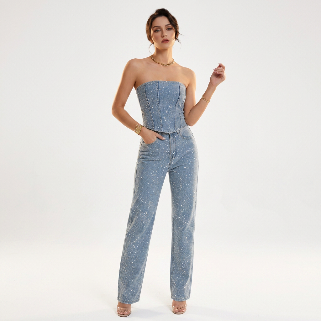 Women's Sparkle Strapless Corset Bustier and High Waist Pants Set