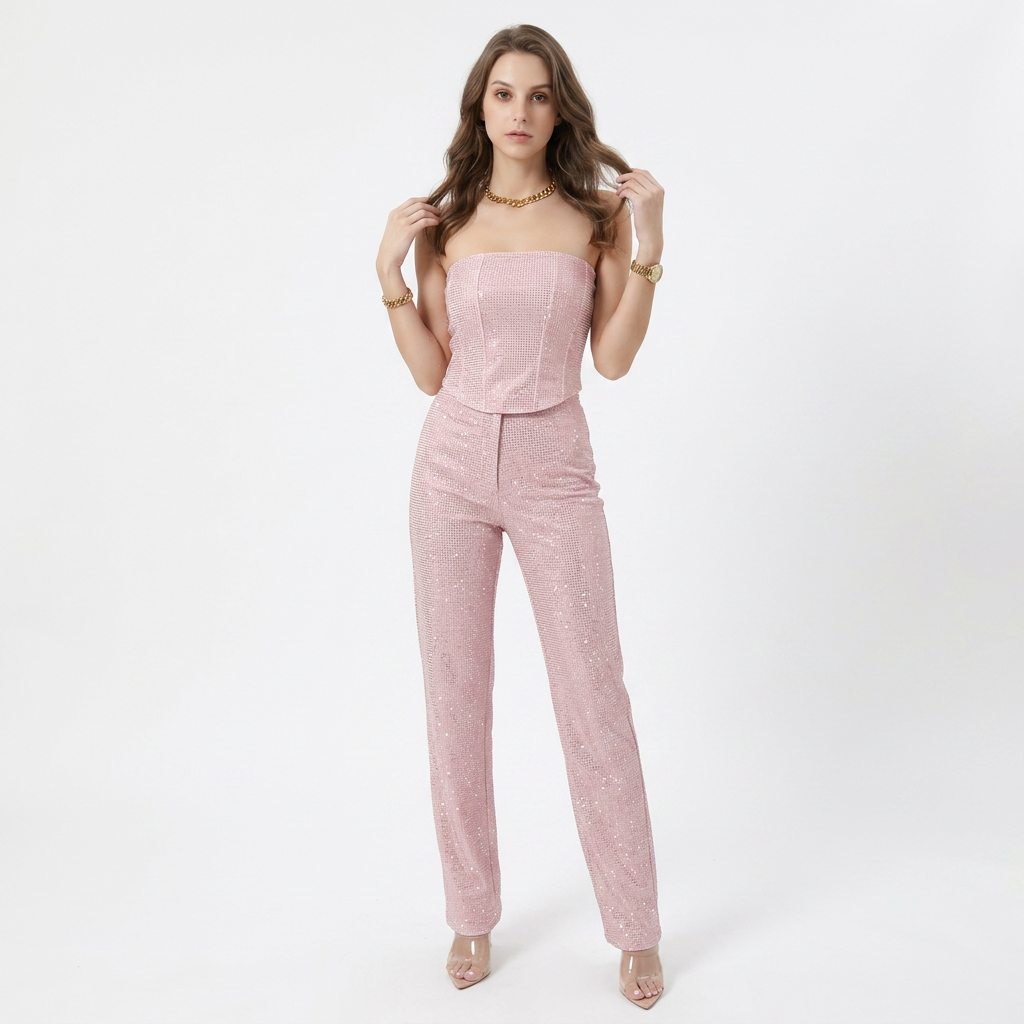 Women's Sparkle Strapless Corset Bustier and High Waist Pants Set