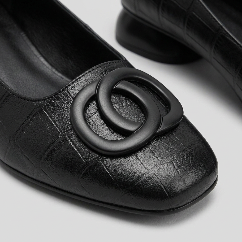 Women's Square Toe Buckle Accent Low Block Heel Pumps