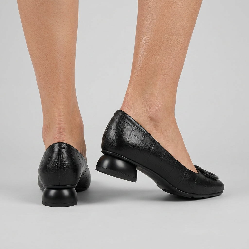 Women's Square Toe Buckle Accent Low Block Heel Pumps