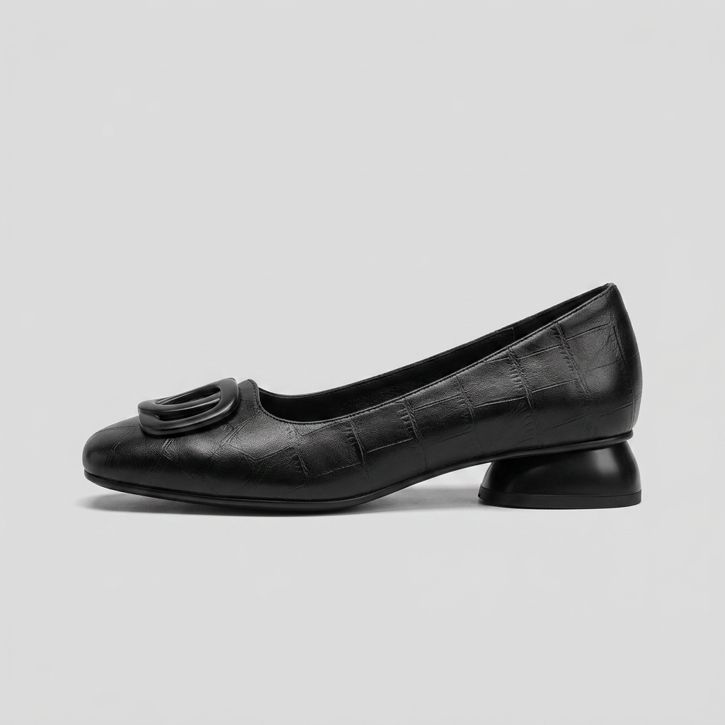 Women's Square Toe Buckle Accent Low Block Heel Pumps