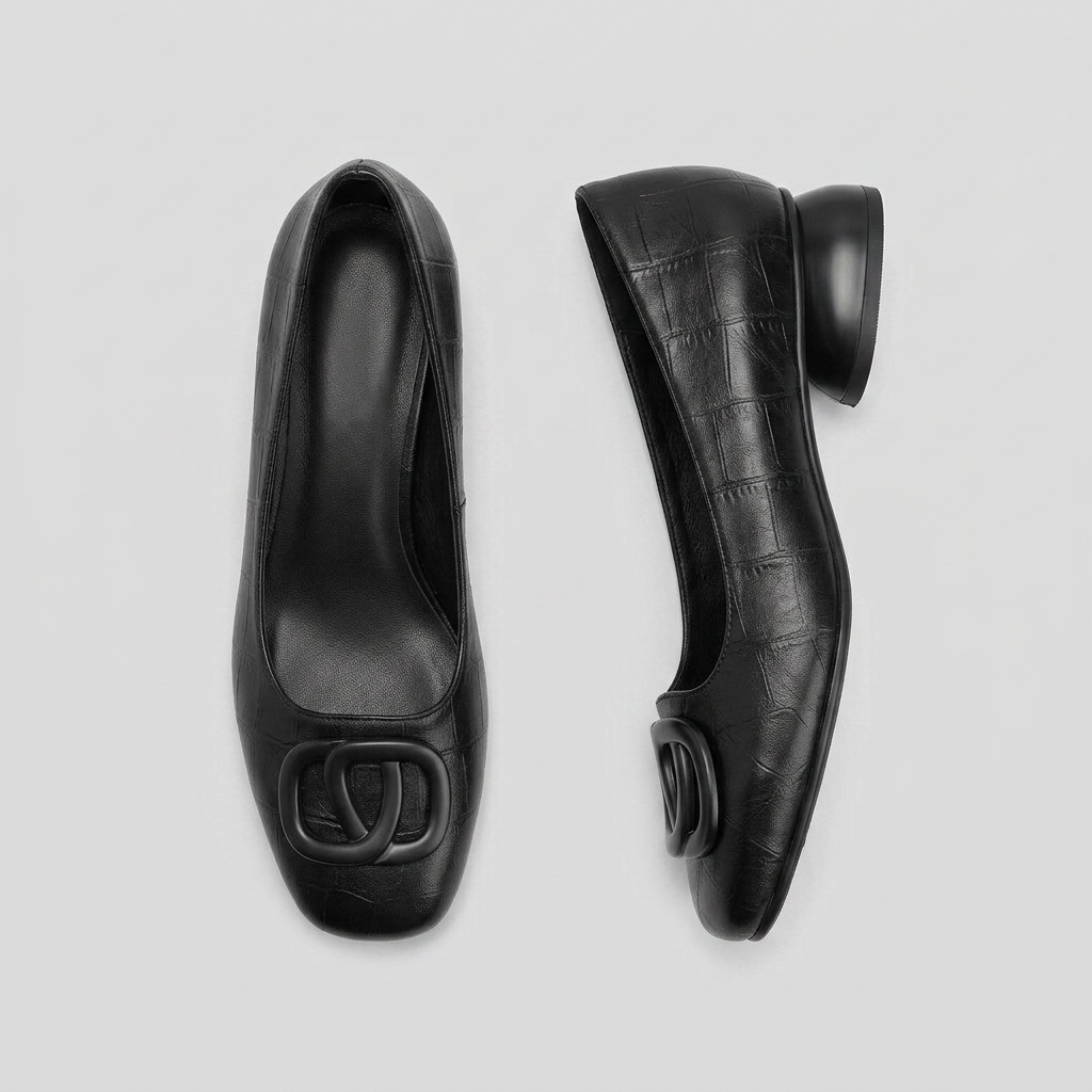 Women's Square Toe Buckle Accent Low Block Heel Pumps