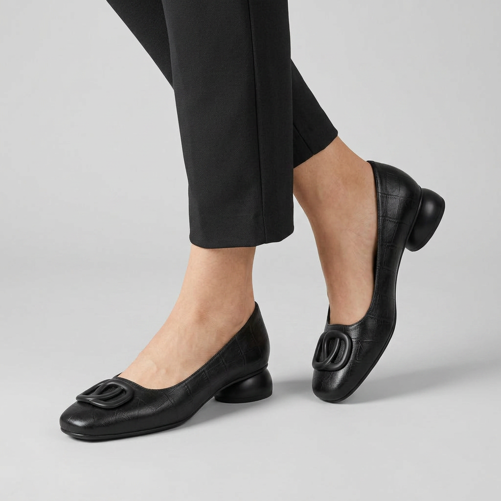 Women's Square Toe Buckle Accent Low Block Heel Pumps