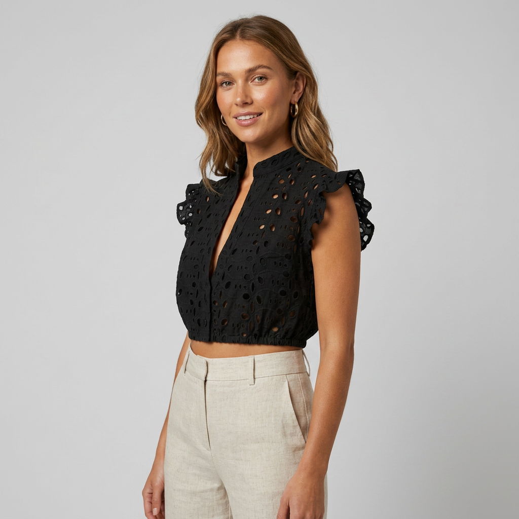 Women's Stand Collar Cutout Eyelet Lace Crop Blouse