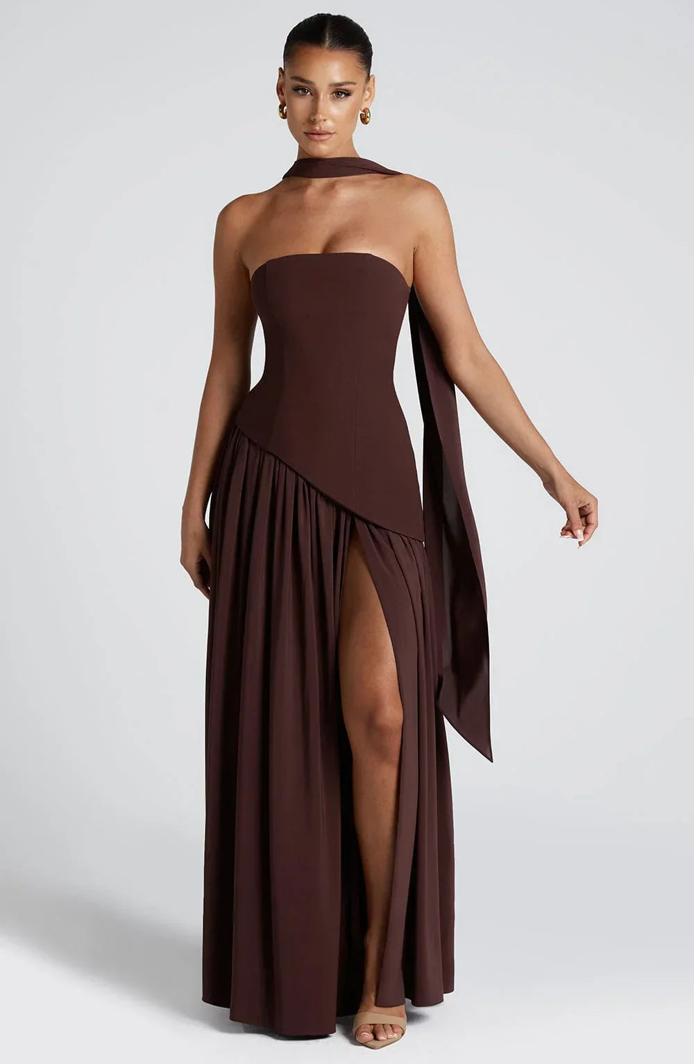 Women's Strapless Corset Maxi Dress With Scarf Detail And High Slit