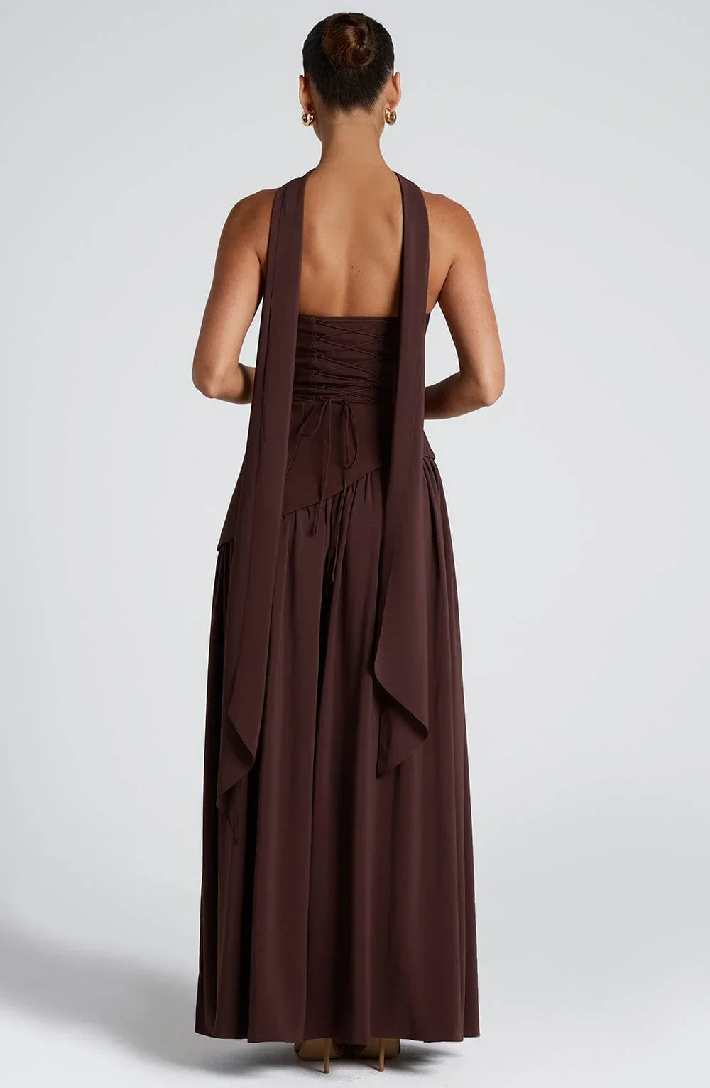 Women's Strapless Corset Maxi Dress With Scarf Detail And High Slit