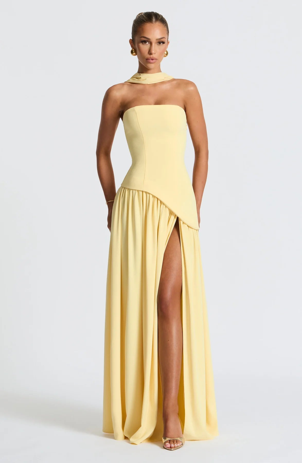 Women's Strapless Corset Maxi Dress With Scarf Detail And High Slit