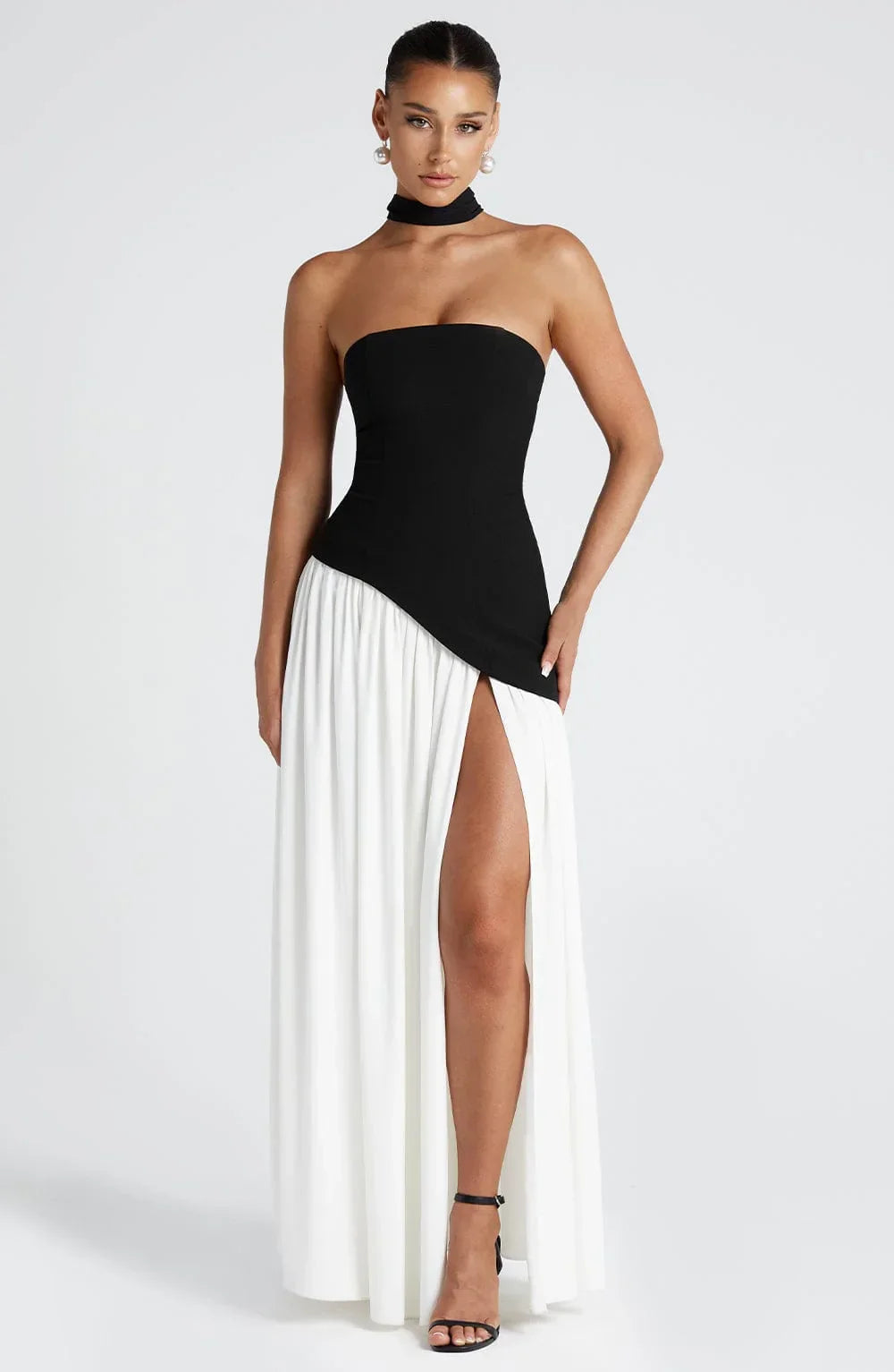 Women's Strapless Corset Maxi Dress With Scarf Detail And High Slit