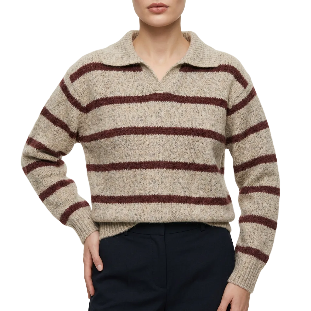 Women’s Striped Knit Sweater V Neck Flat Collar