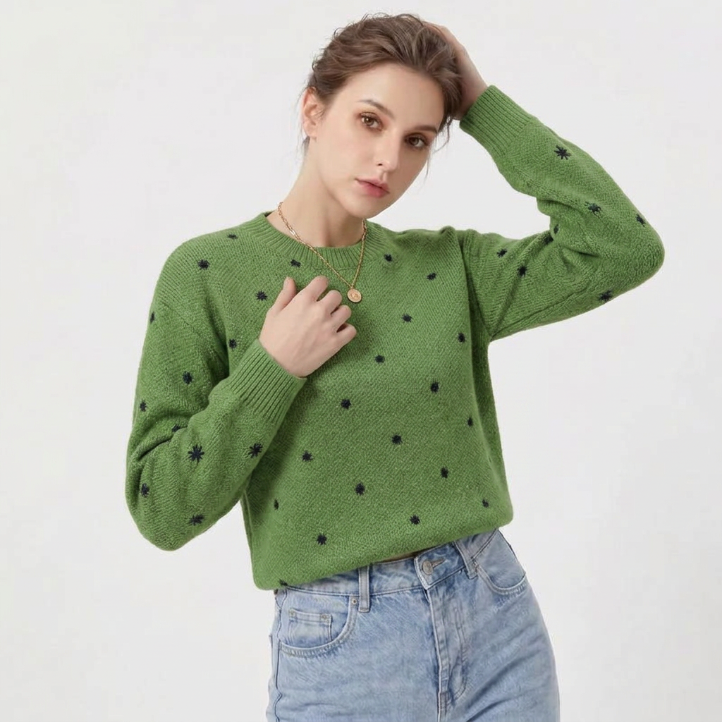 Women’s Sweater Allover Polka Dot Print Crew Neckline