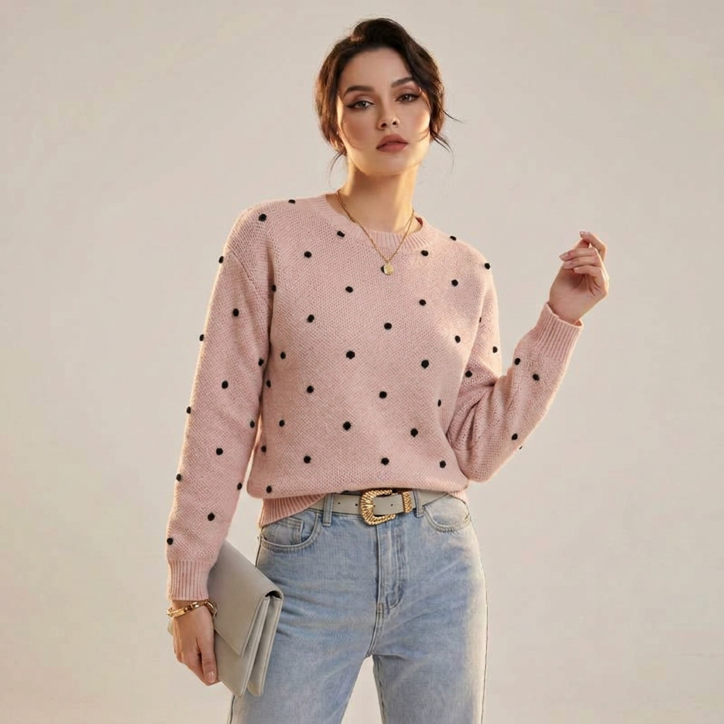 Women’s Sweater Allover Polka Dot Print Crew Neckline
