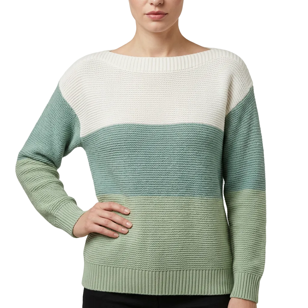 Women’s Sweater Boat Neckline Three Tone Color Block Design
