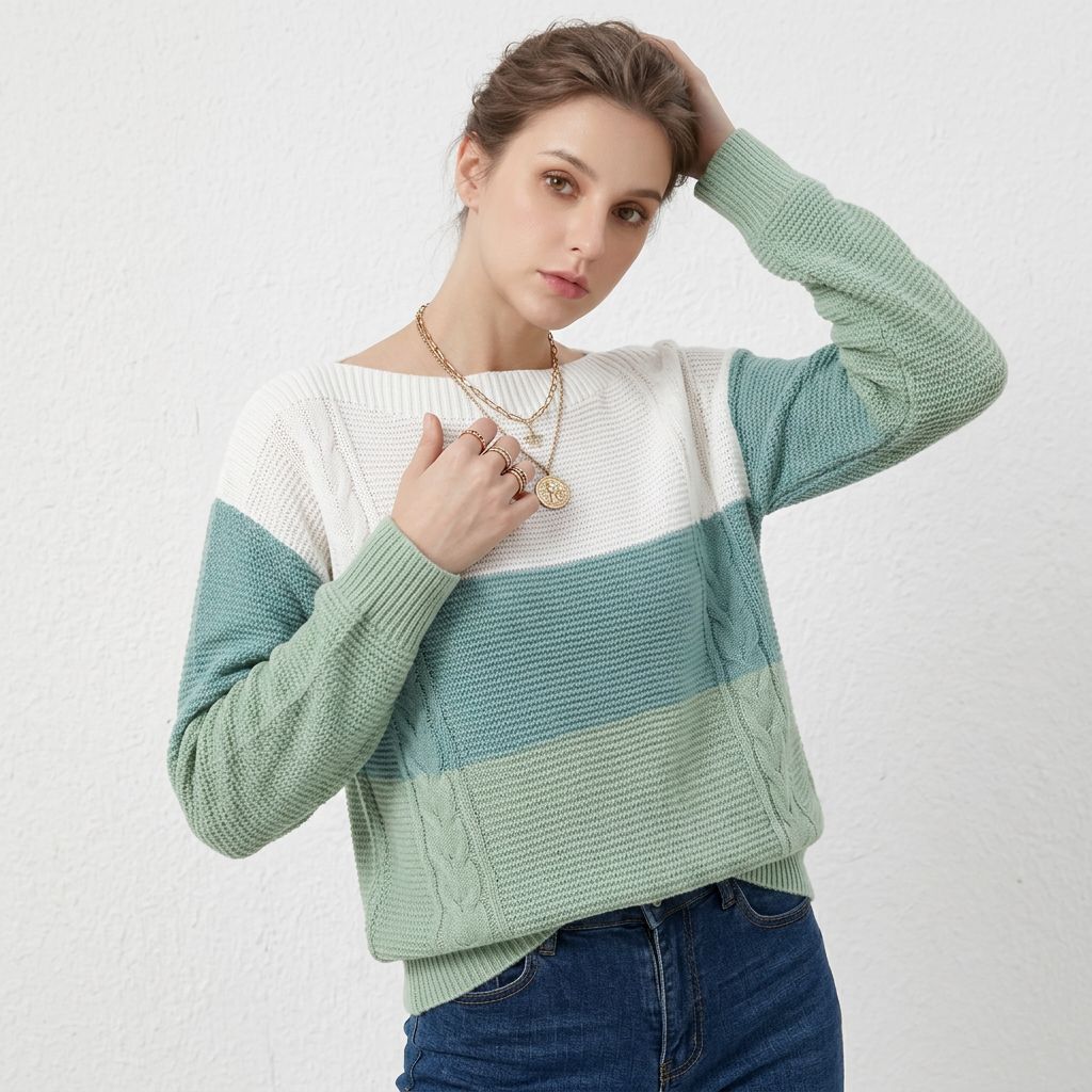 Women’s Sweater Boat Neckline Three Tone Color Block Design