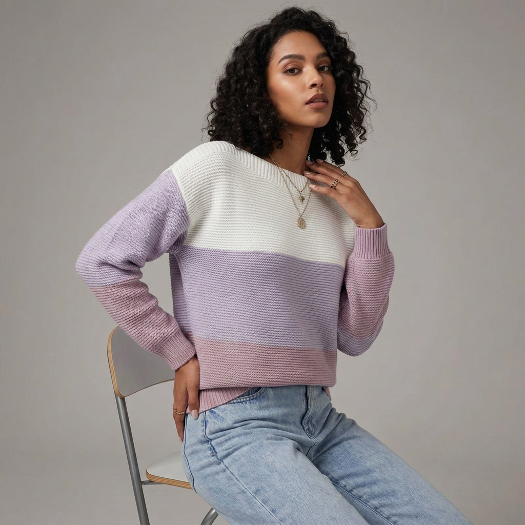 Women’s Sweater Boat Neckline Three Tone Color Block Design