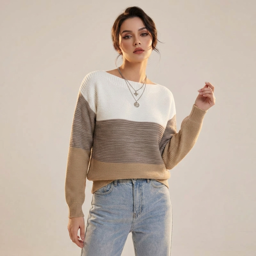 Women’s Sweater Boat Neckline Three Tone Color Block Design