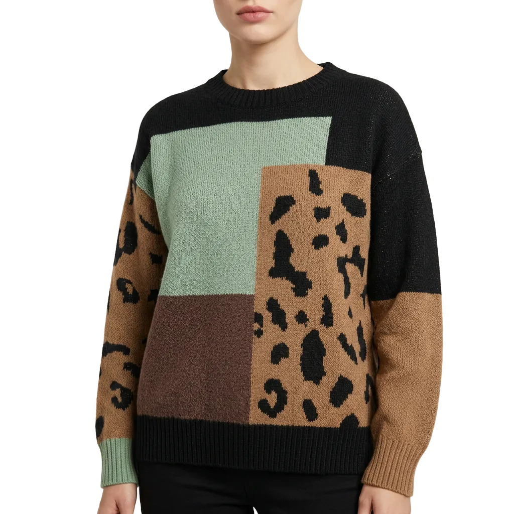 Women’s Sweater Crew Neckline Animal Print Patchwork Design
