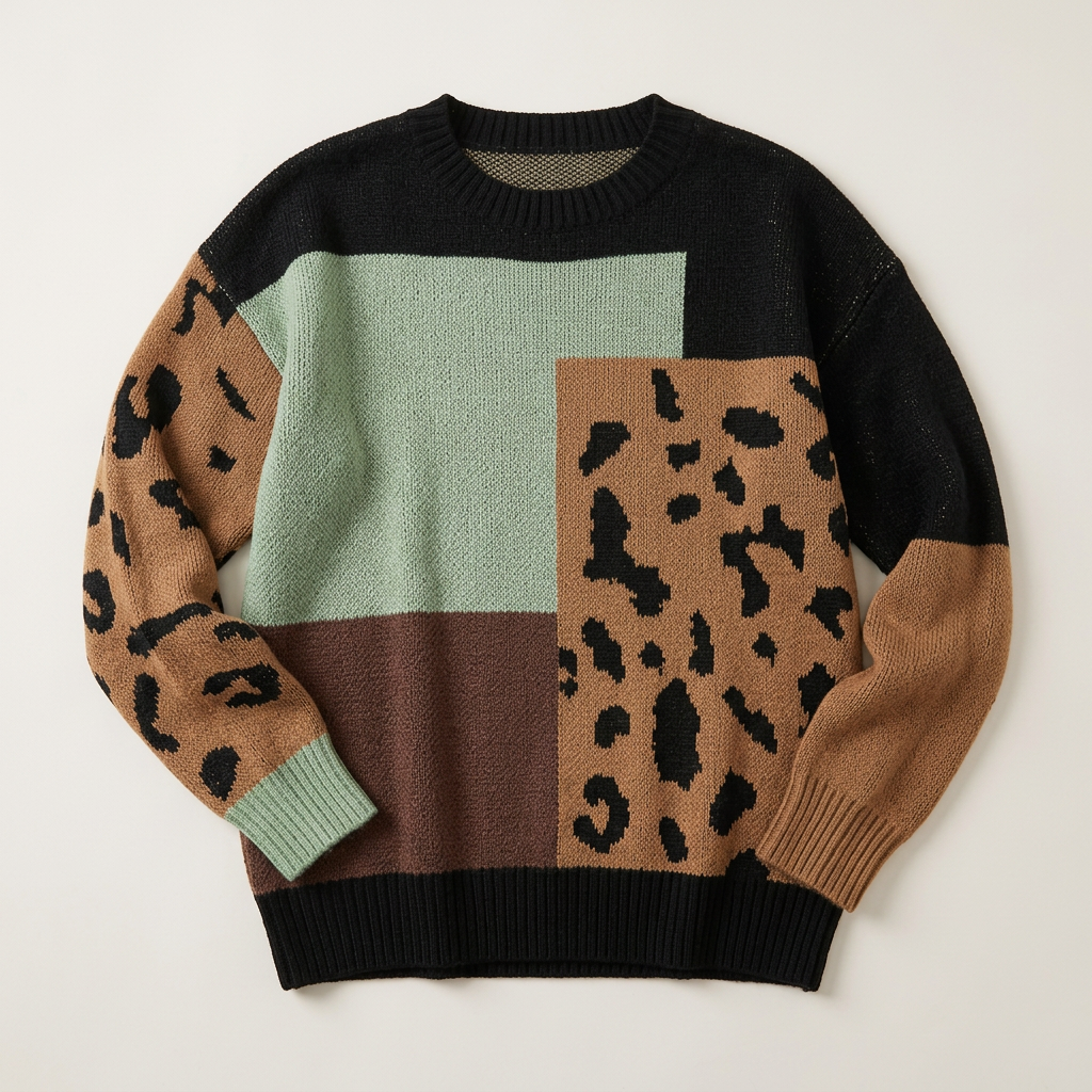 Women’s Sweater Crew Neckline Animal Print Patchwork Design