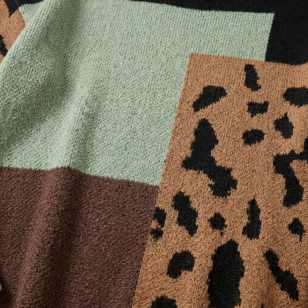 Women’s Sweater Crew Neckline Animal Print Patchwork Design