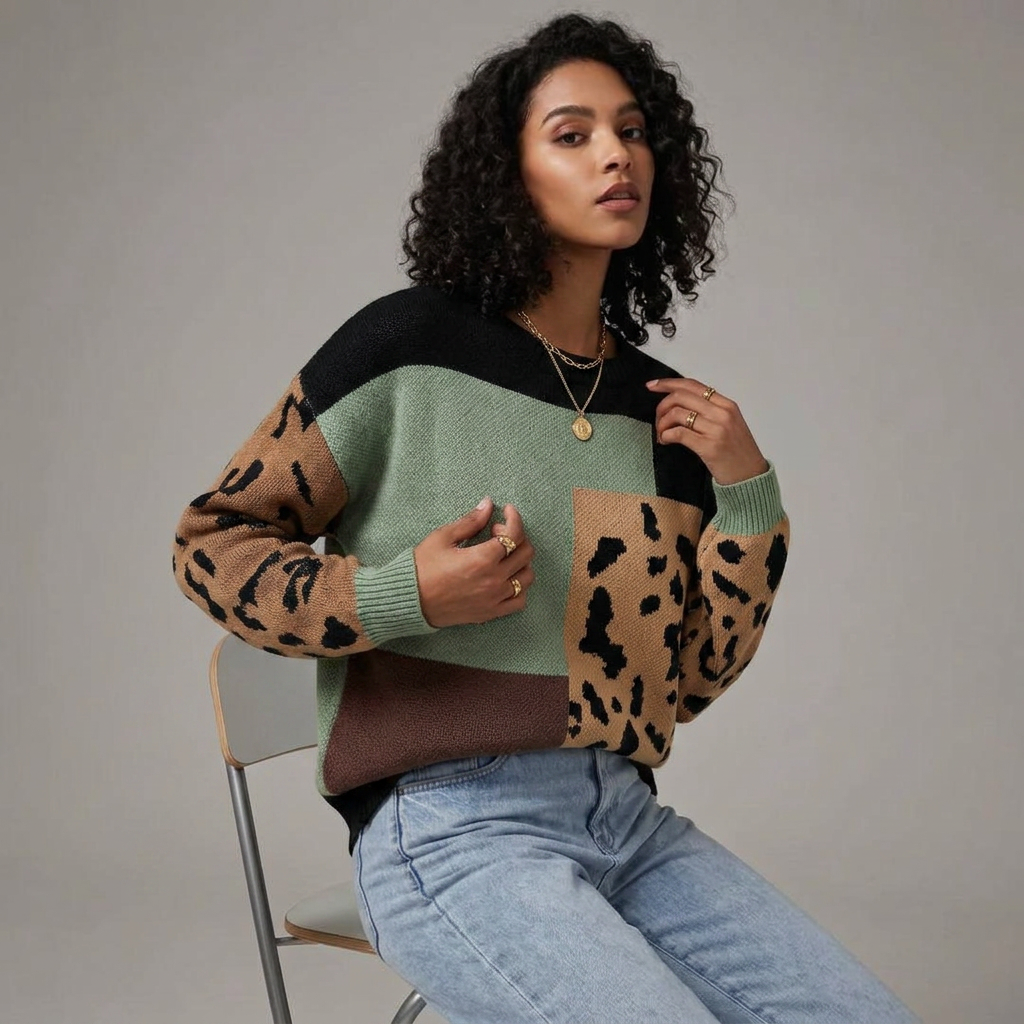 Women’s Sweater Crew Neckline Animal Print Patchwork Design
