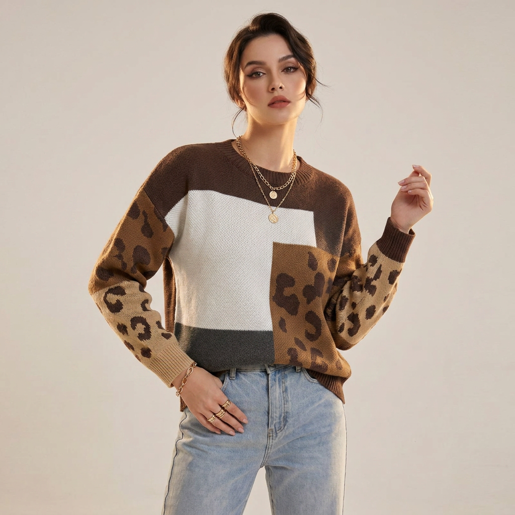 Women’s Sweater Crew Neckline Animal Print Patchwork Design