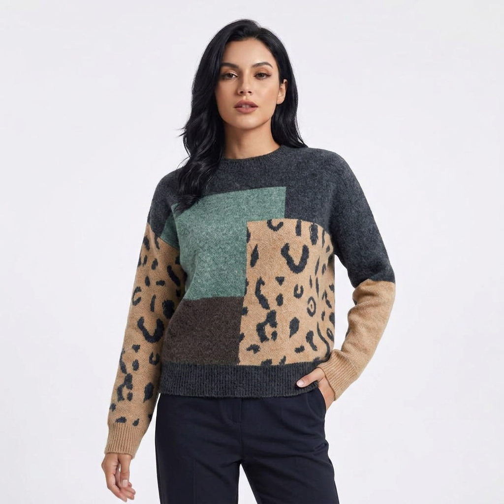 Women’s Sweater Crew Neckline Animal Print Patchwork Design