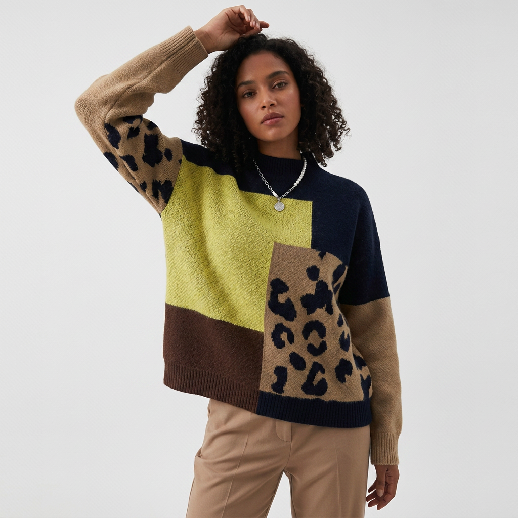 Women’s Sweater Crew Neckline Animal Print Patchwork Design