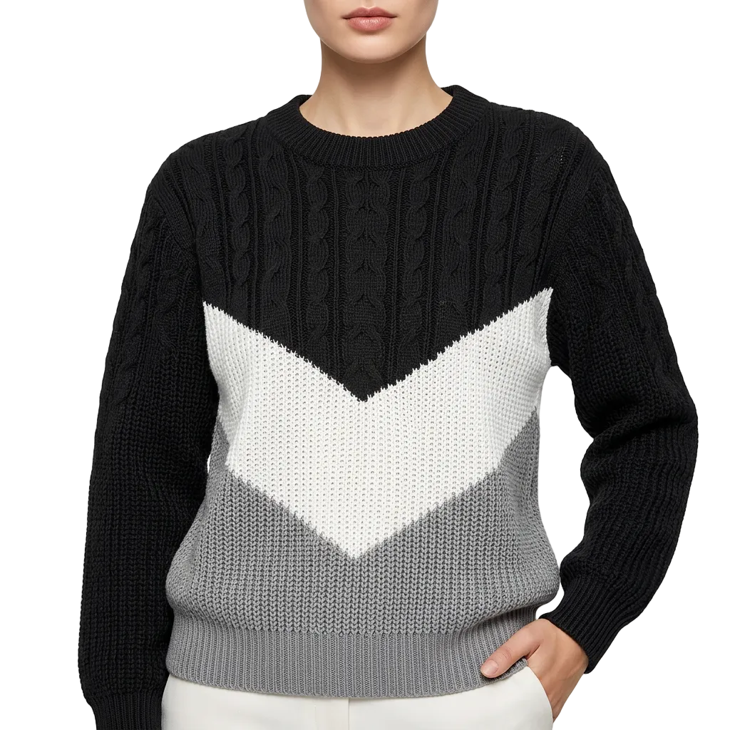Women’s Sweater Crew Neckline Chevron Stitch Panel Design