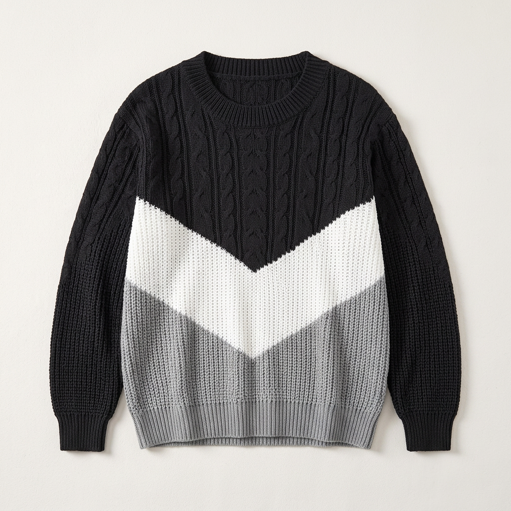 Women’s Sweater Crew Neckline Chevron Stitch Panel Design