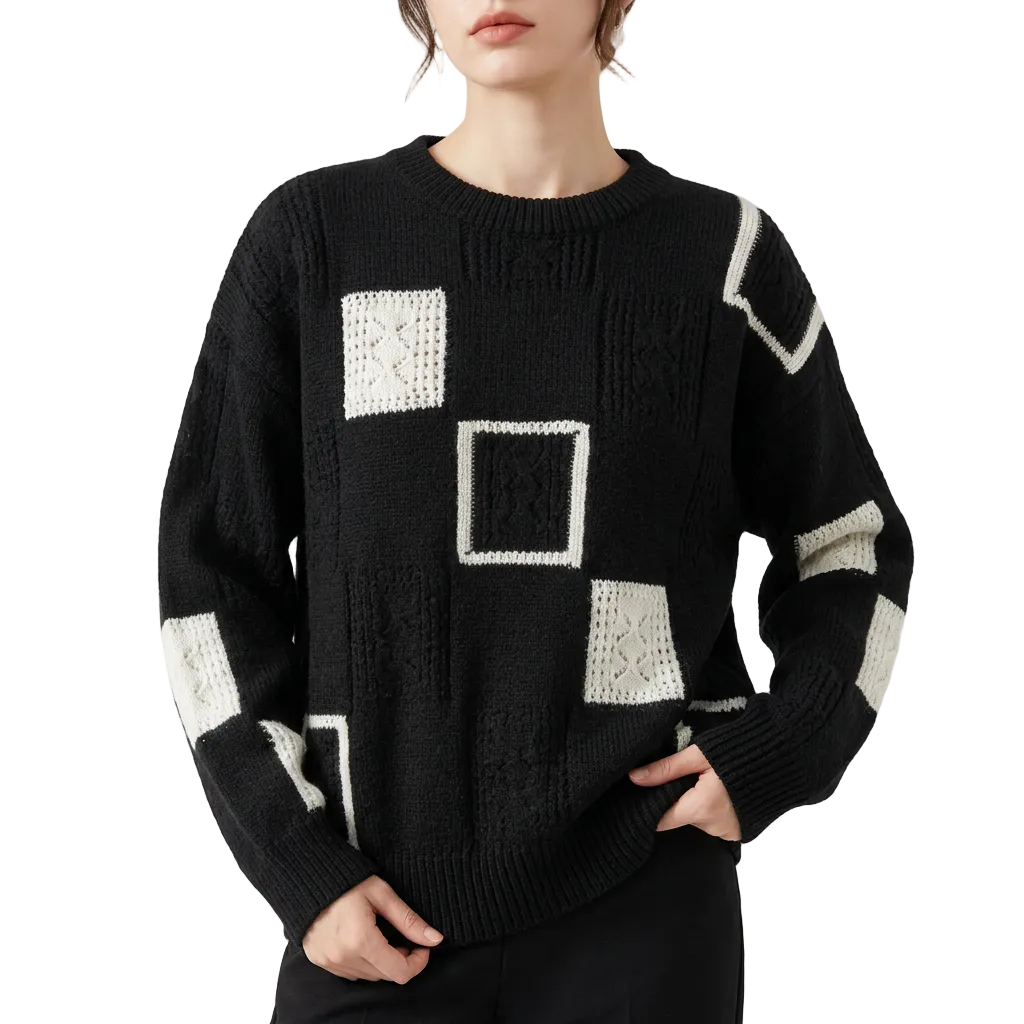 Women’s Sweater Crew Neckline Openwork Stitch Contrast Sections