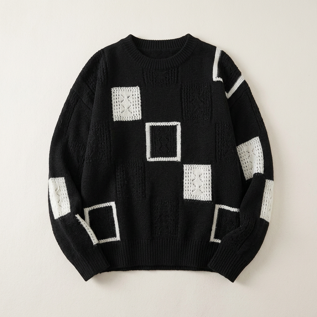 Women’s Sweater Crew Neckline Openwork Stitch Contrast Sections