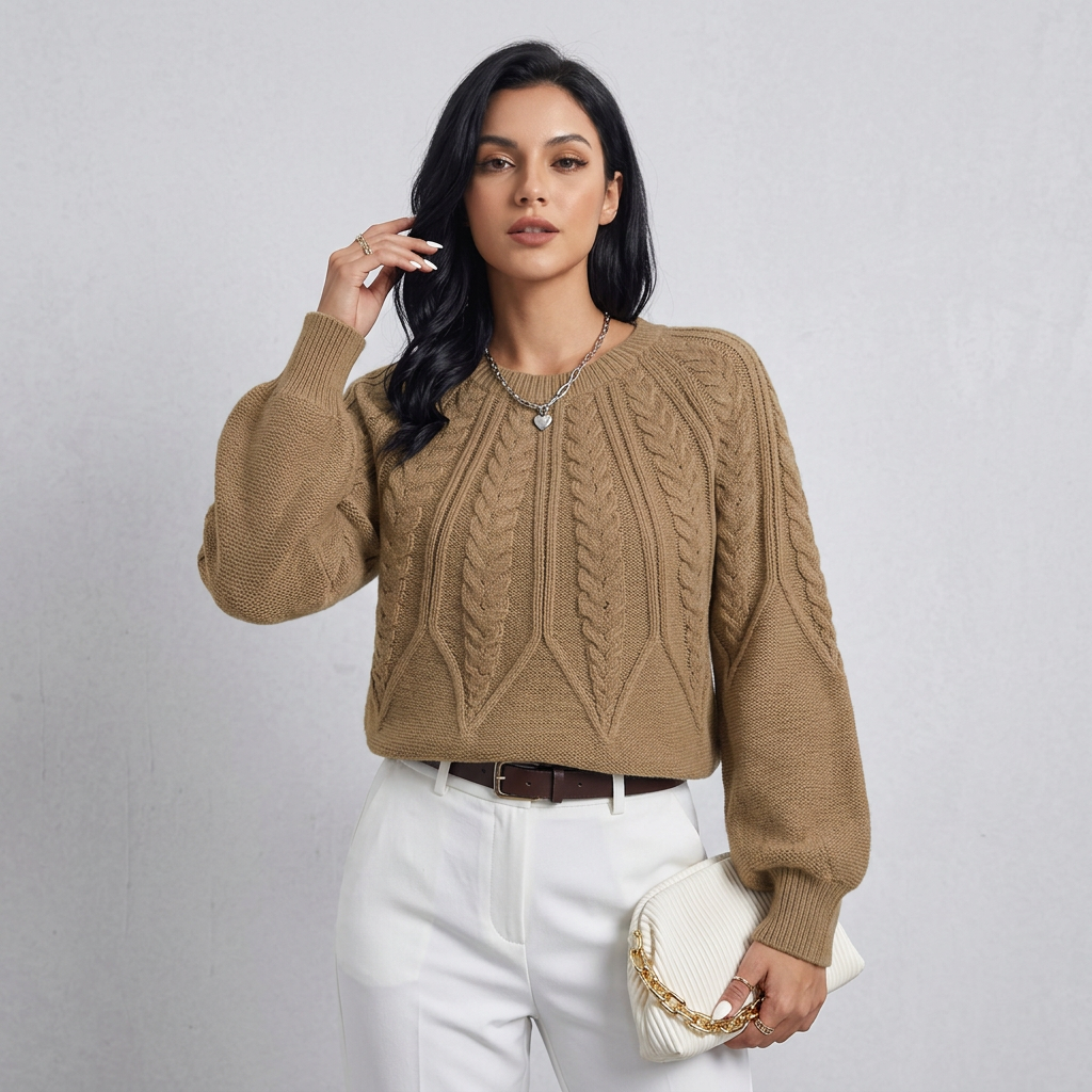 Women’s Sweater Crew Neckline Radiant Cable Knit Pattern