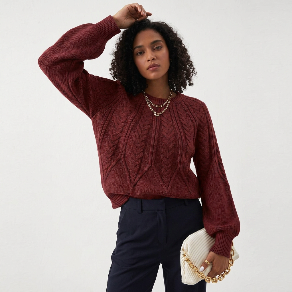 Women’s Sweater Crew Neckline Radiant Cable Knit Pattern