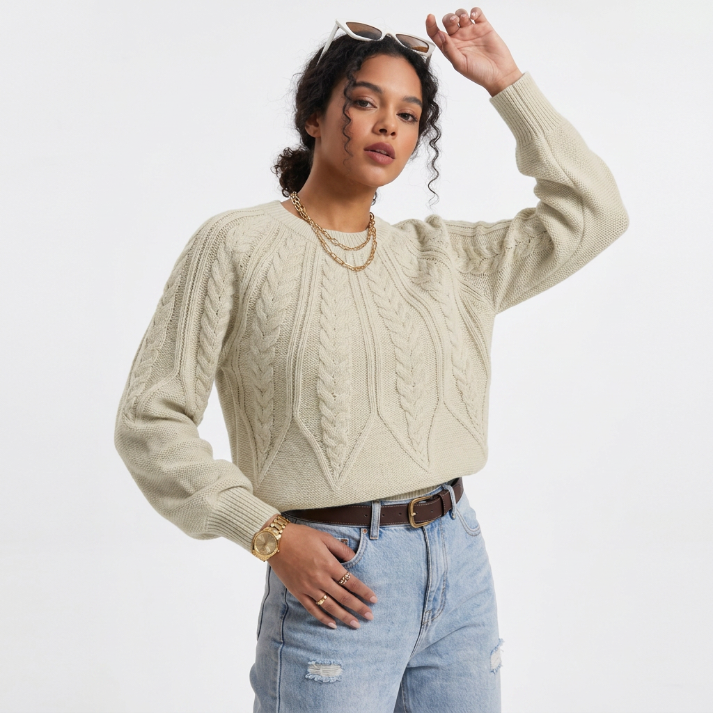 Women’s Sweater Crew Neckline Radiant Cable Knit Pattern