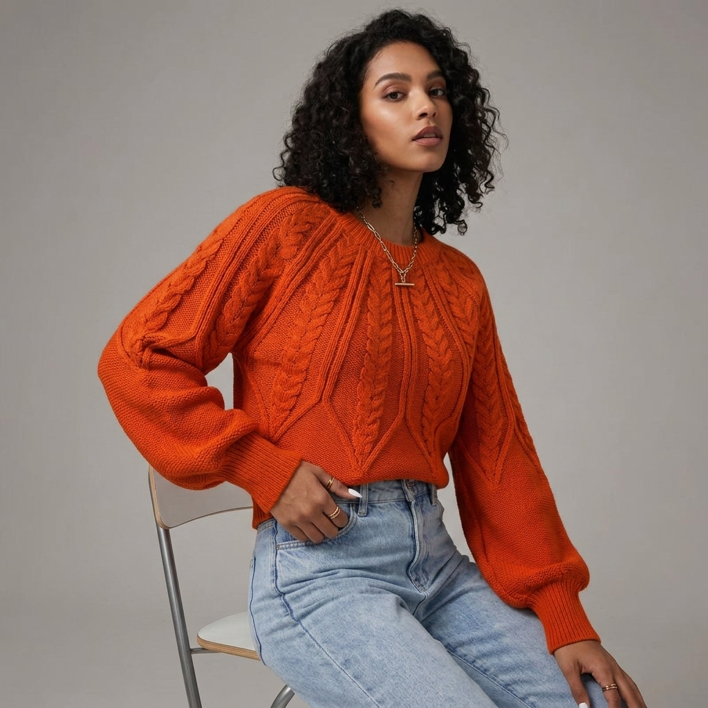 Women’s Sweater Crew Neckline Radiant Cable Knit Pattern