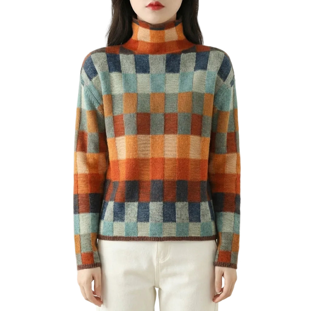 Women’s Sweater High Neck Checked Pattern