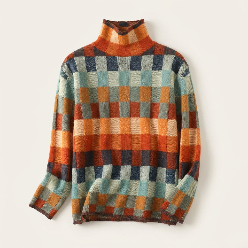 Women’s Sweater High Neck Checked Pattern