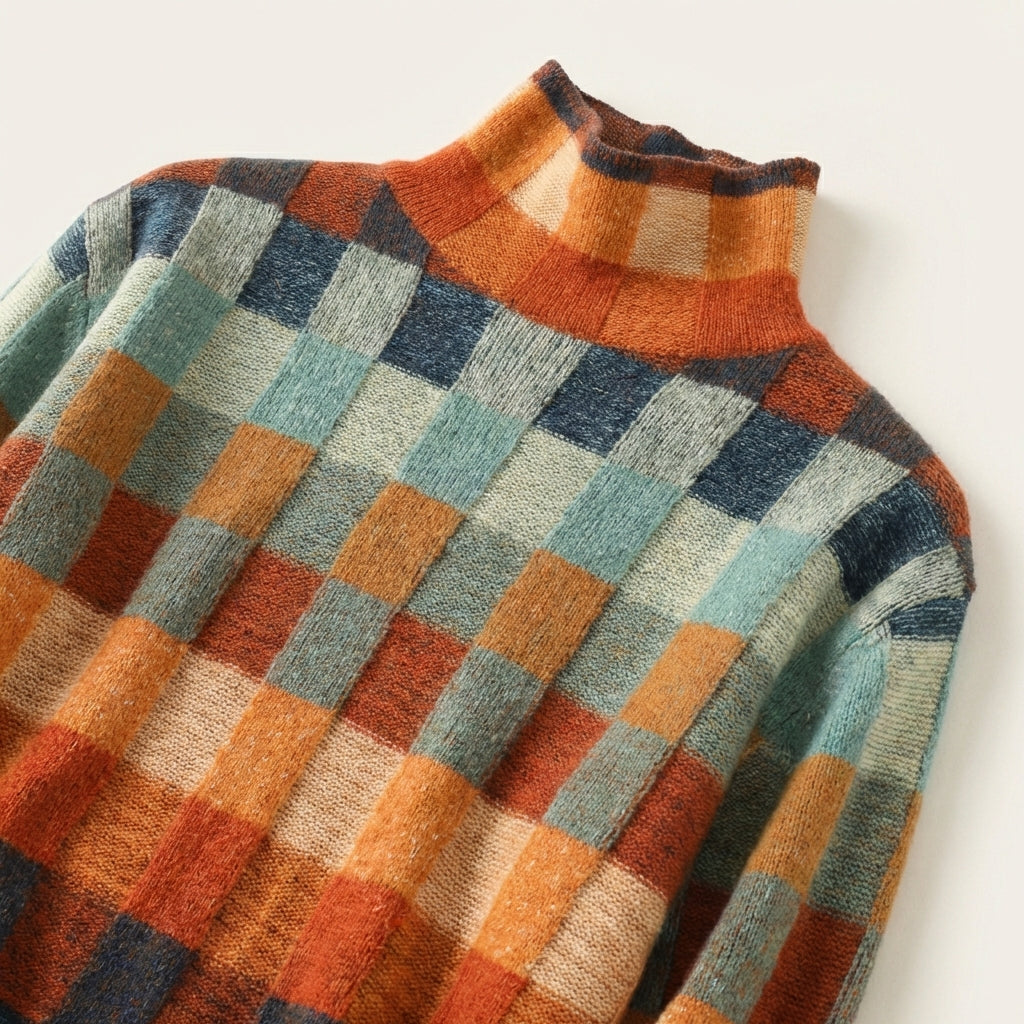 Women’s Sweater High Neck Checked Pattern