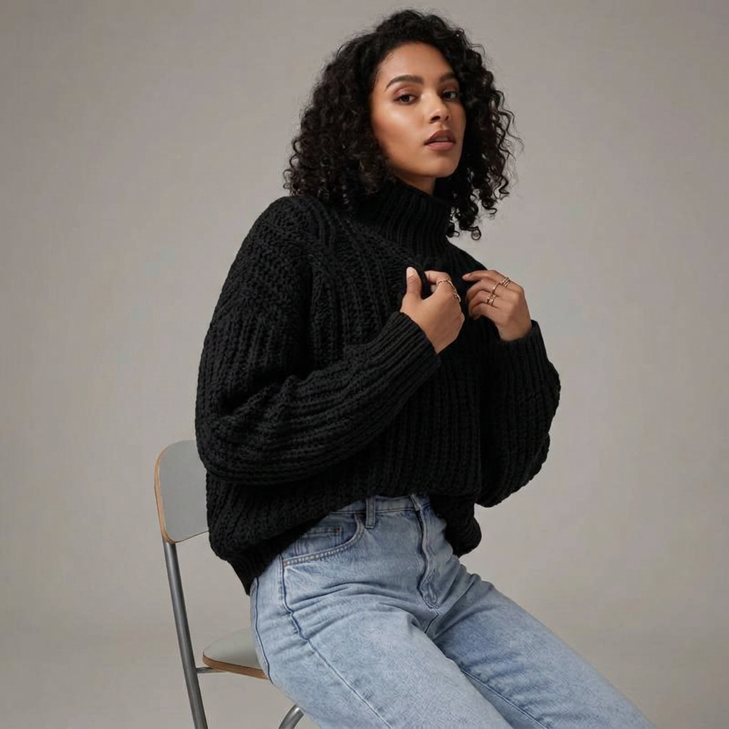 Women’s Sweater High Neckline Braided Cable Knit Pattern