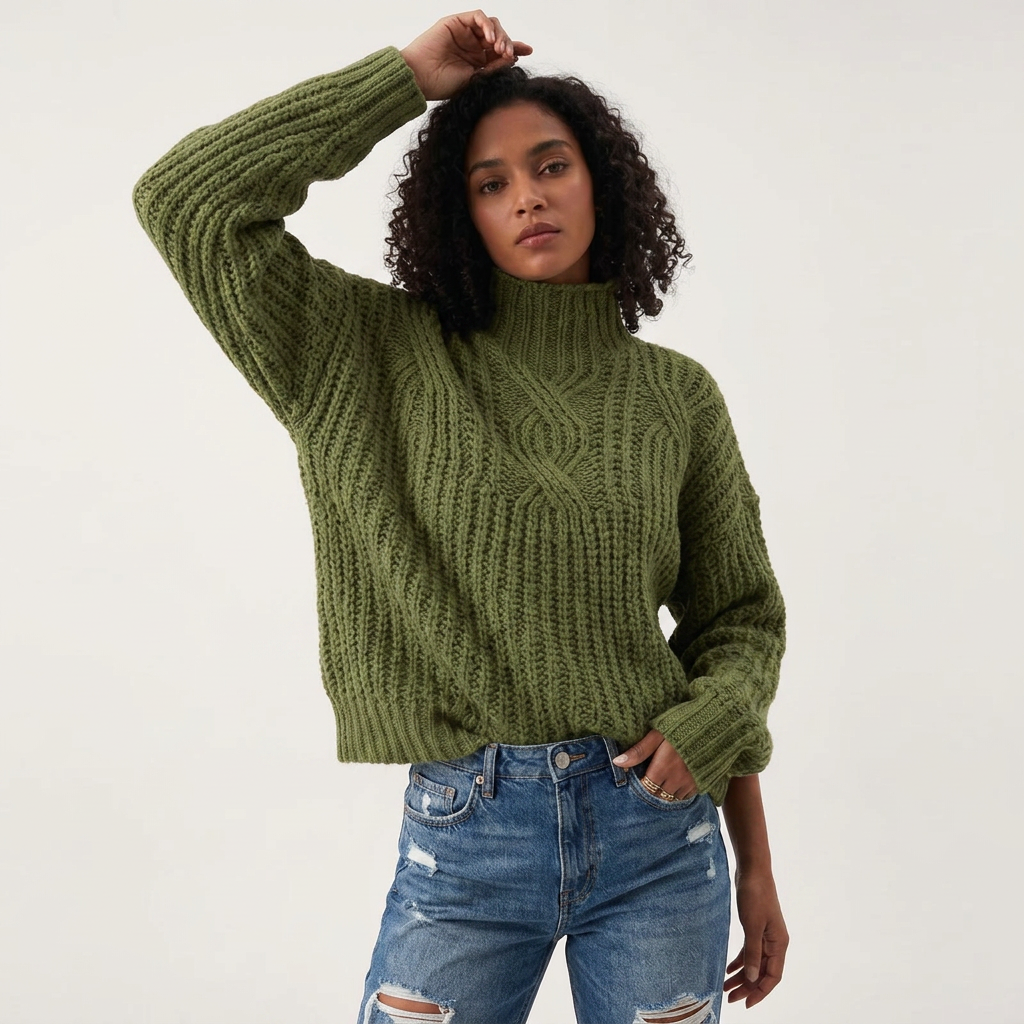 Women’s Sweater High Neckline Braided Cable Knit Pattern
