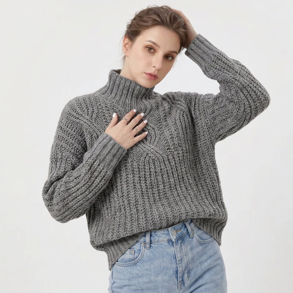 Women’s Sweater High Neckline Braided Cable Knit Pattern