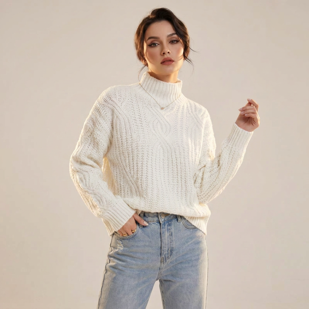 Women’s Sweater High Neckline Braided Cable Knit Pattern
