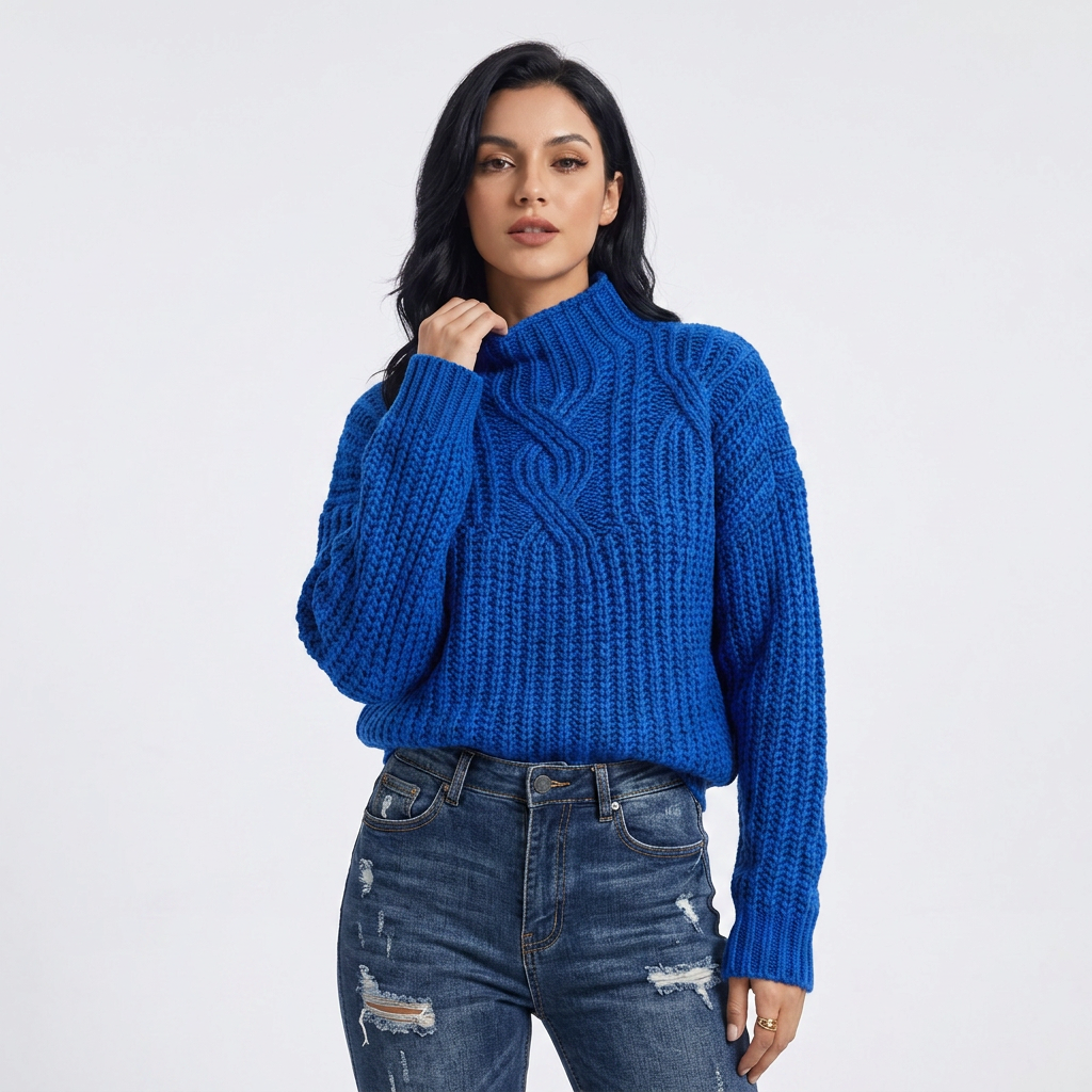 Women’s Sweater High Neckline Braided Cable Knit Pattern